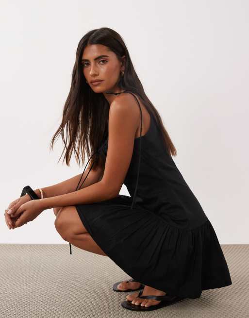 ASOS DESIGN structured cotton sateen tie bust dropped waist mini sundress in black , 2 of 4