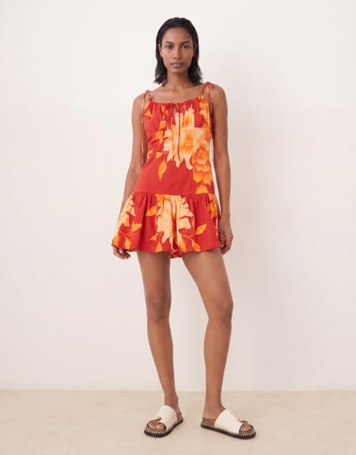 ASOS DESIGN structured cotton tie bust dropped waist mini sundress in orange floral, 4 of 4