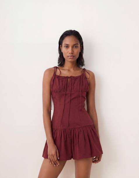 ASOS DESIGN structured cotton tie bust dropped waist mini sundress in rich burgundy - view 1