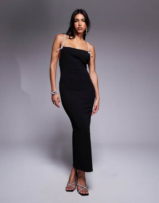 ASOS DESIGN structured cowl neck midi dress with chunky diamante rope trim in black, 2 of 4