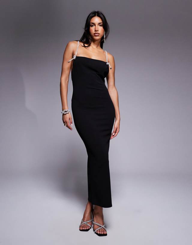 ASOS DESIGN structured cowl neck midi dress with chunky diamante rope trim in black