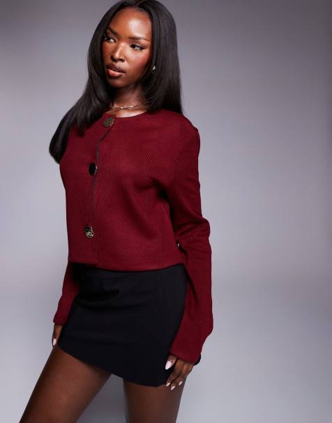ASOS DESIGN structured cropped cardigan with gold buttons in burgundy