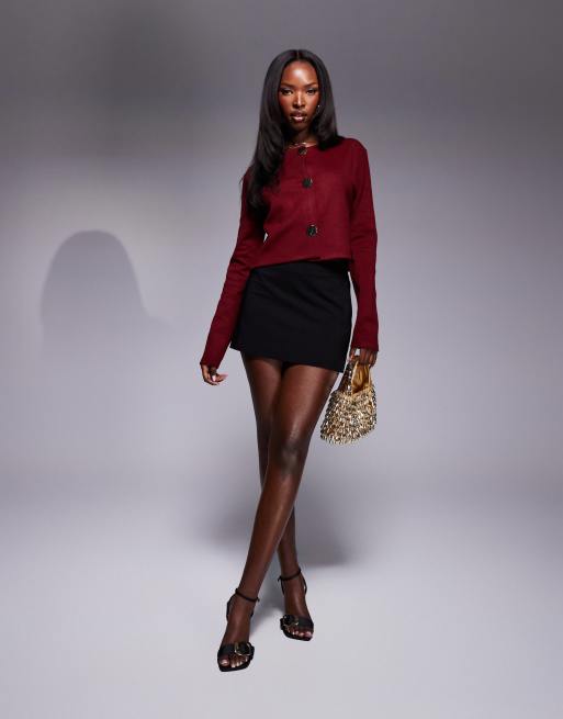 ASOS DESIGN structured cropped cardigan with gold buttons in burgundy