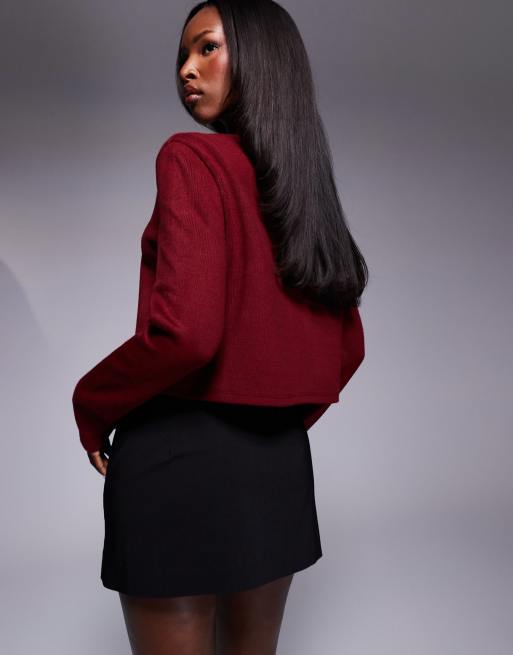 ASOS DESIGN structured cropped cardigan with gold buttons in burgundy