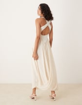  4th & Reckless cotton square halterneck hip pleat detail maxi dress in white