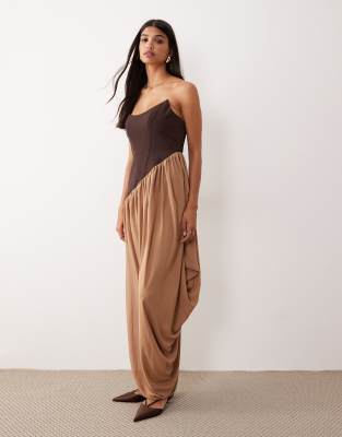 Asos Design Structured Curved Bandeau Neckline Midi Dress With Contrast Soft Draped Skirt In Brown