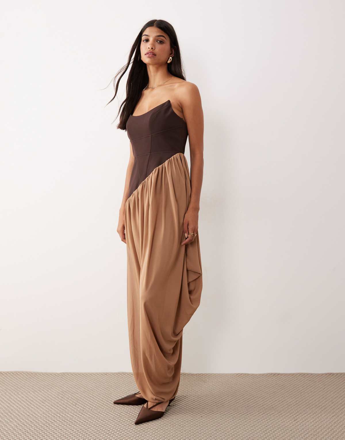 ASOS DESIGN structured curved bandeau neckline midi dress with contrast soft draped skirt in brown