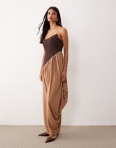 ASOS DESIGN cowl halter neck burnout dress with gold-tone back detail in chocolate