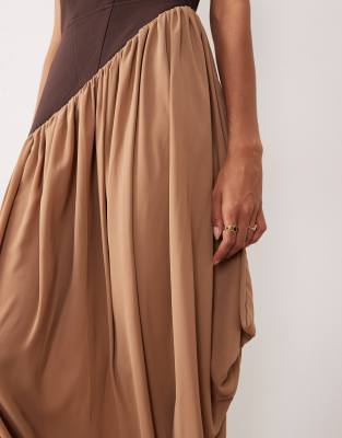 Asos Design Structured Curved Bandeau Neckline Midi Dress With Contrast Soft Draped Skirt In Brown