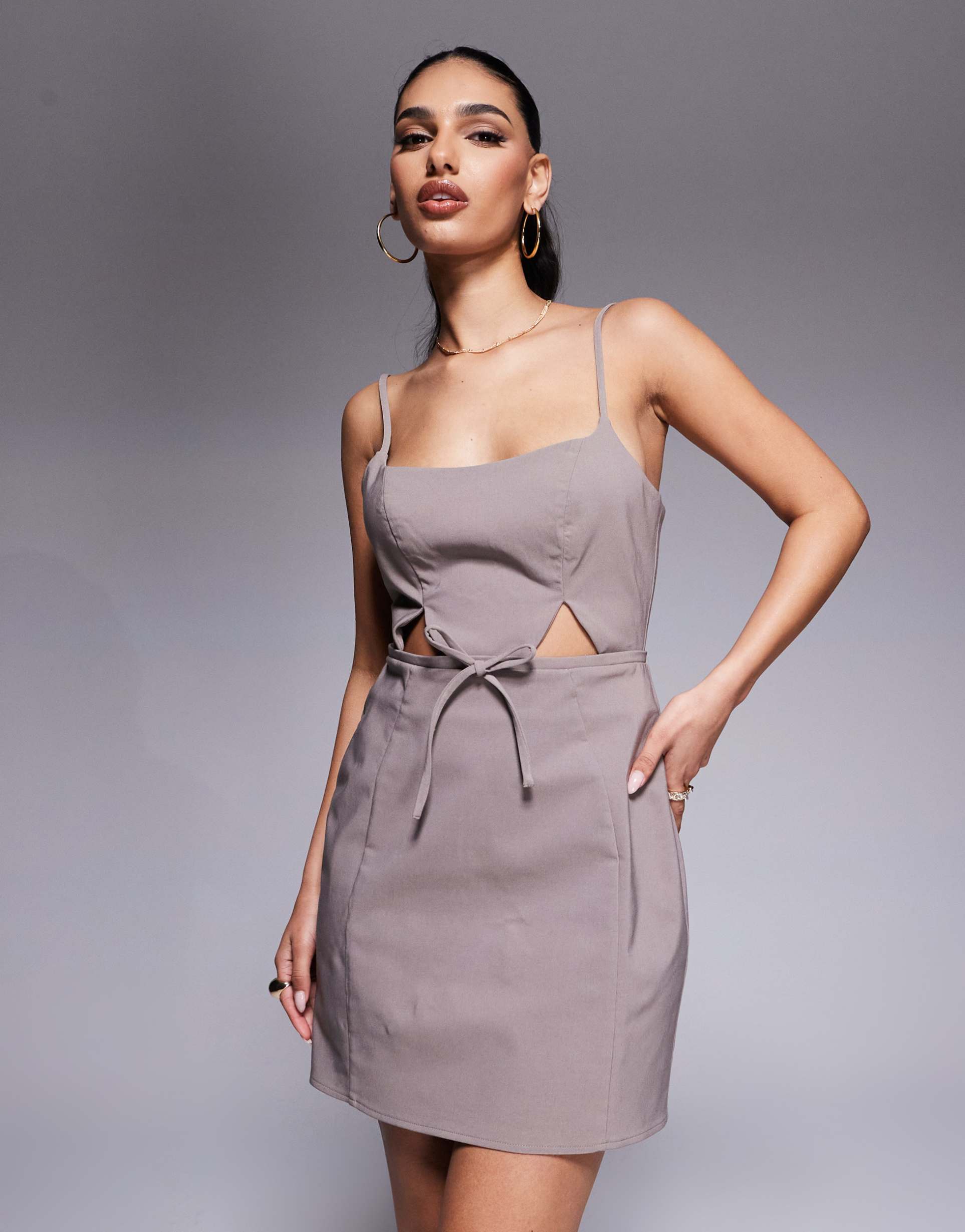 asos design structured cutout mini dress with bow in mocha