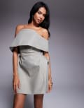 [ASOS DESIGN] ASOS DESIGN structured deep fold bardot mini dress with angled skirt in stone-Neutral 4 Stone