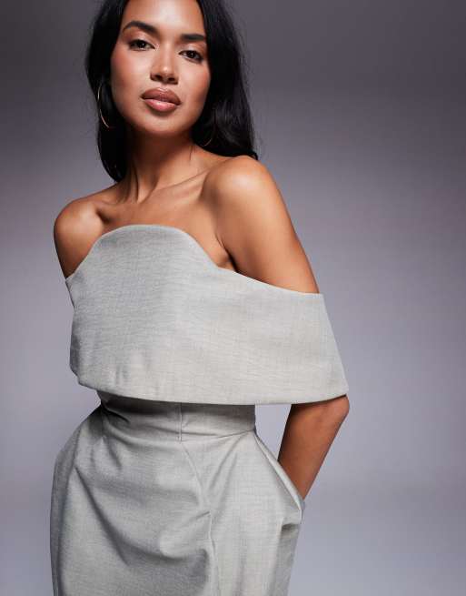 ASOS DESIGN structured deep fold bardot mini dress with angled skirt in stone, 2 of 4