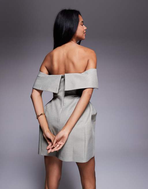 ASOS DESIGN structured deep fold bardot mini dress with angled skirt in stone, 4 of 4