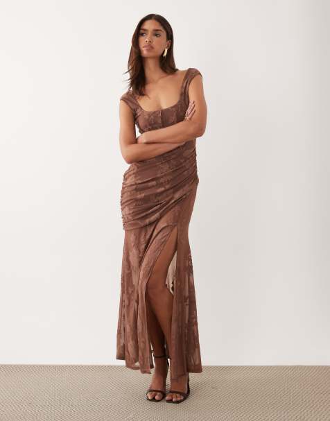 ASOS DESIGN structured devore maxi dress with seam detailing and fallen drape in chocolate - view 1