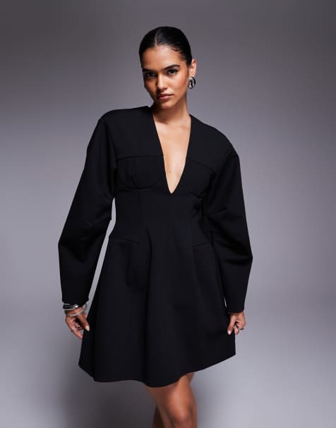 ASOS DESIGN structured dome sleeve plunge mini dress with cup seam detailing in black - view 1