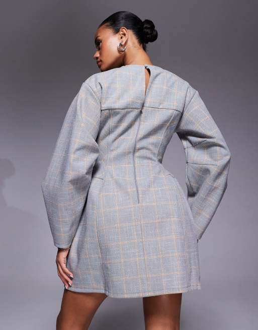 ASOS DESIGN structured dome sleeve plunge mini dress with cup seam detailing in light gray