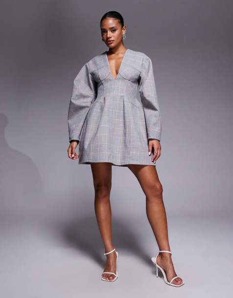 ASOS DESIGN structured dome sleeve plunge mini dress with cup seam detailing in light grey - view 1
