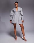 [ASOS DESIGN] ASOS DESIGN structured dome sleeve plunge mini dress with cup seam detailing in light grey-Multi 10 Light grey