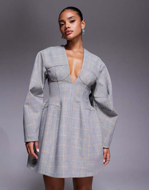 ASOS DESIGN structured dome sleeve plunge mini dress with cup seam detailing in light grey, 2 of 4