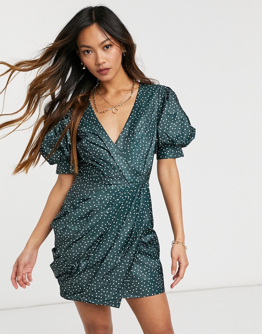 ASOS DESIGN structured drape wrap mini dress with puff sleeve detail in polka dot-Multi