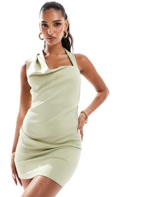 ASOS DESIGN structured draped neckline mini dress in sage green-No colour