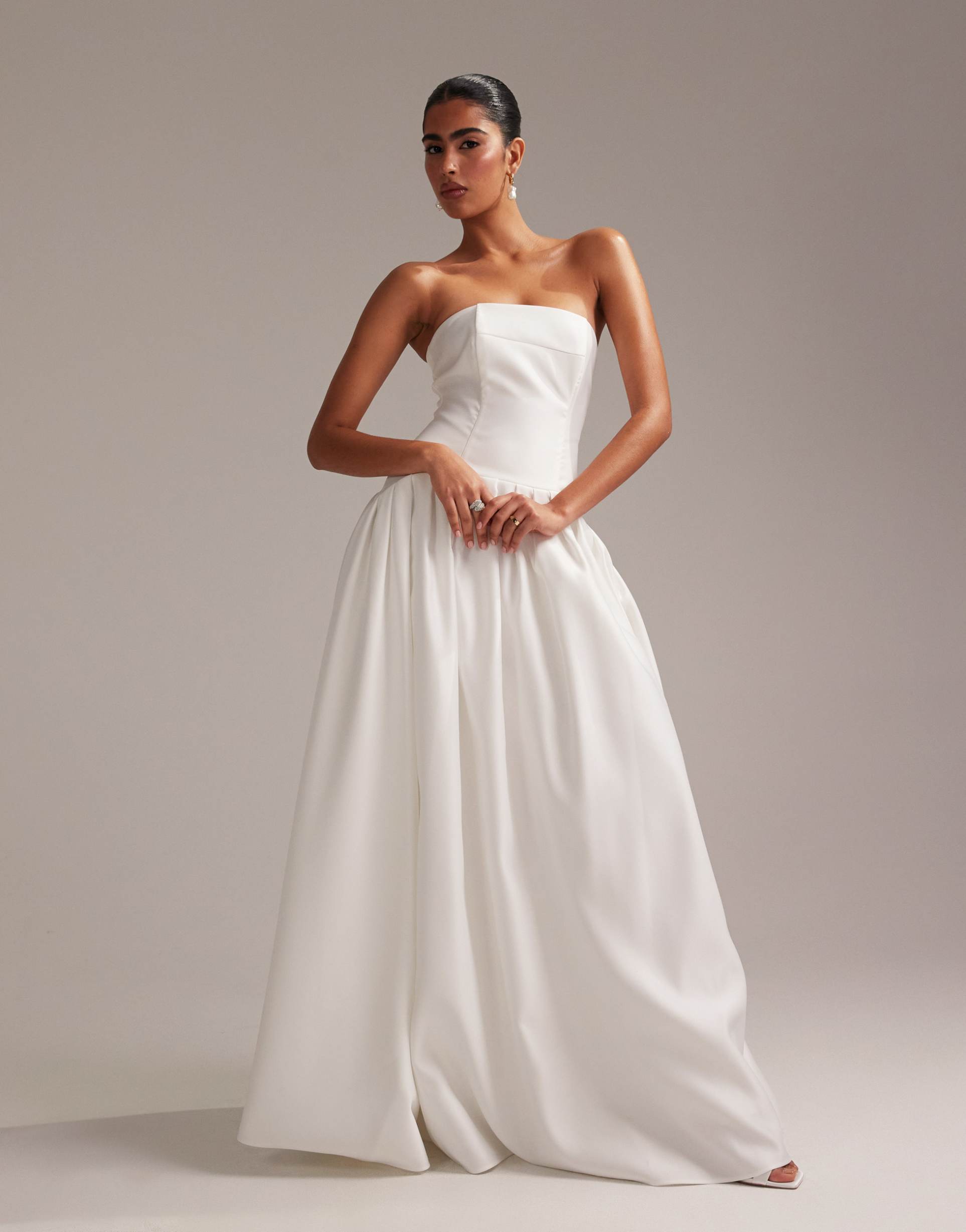 asos design structured dropped waist satin maxi wedding dress in white