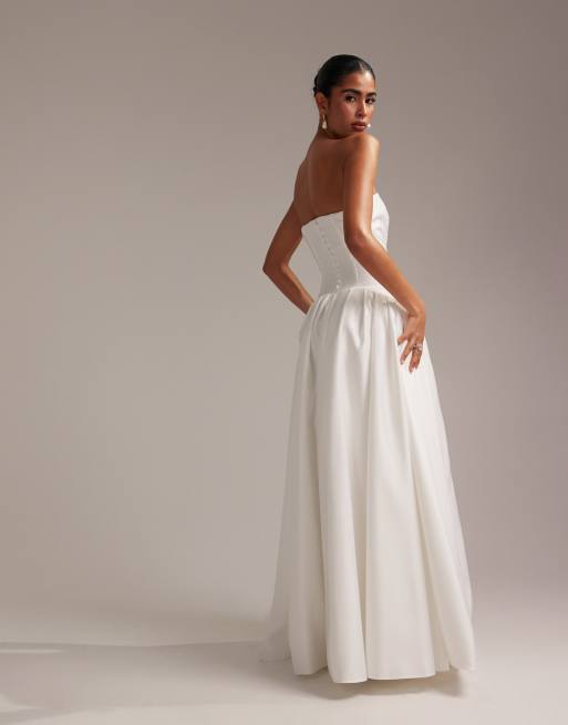 ASOS DESIGN structured dropped waist satin maxi wedding dress in white
