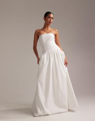 DUNDROP ♥ Drop bride white silky long dress /追跡付 Sexy A-Line Strapless Wedding Dress with Leg Slit
