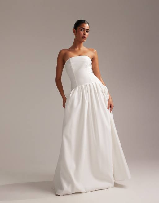 ASOS DESIGN structured dropped waist satin maxi wedding dress in white, 4 of 6