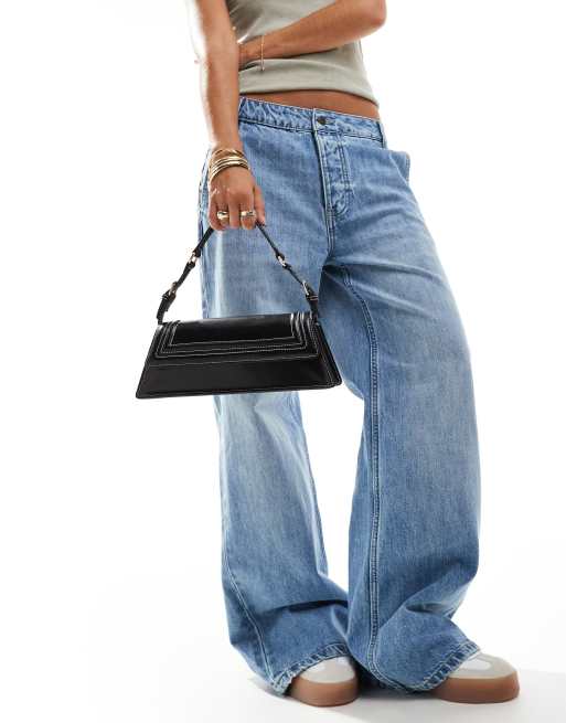 ASOS DESIGN structured elongated shoulder bag with contrast stitch in black, 2 of 4