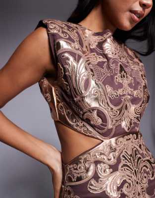 Asos Design Structured Embroidered Curved Hem Mini Dress With Metallic Pu Applique In Multi