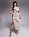 [ASOS DESIGN] ASOS DESIGN structured fallen-shoulder faux-ord midi dress in taupe-Neutral 8 Taupe