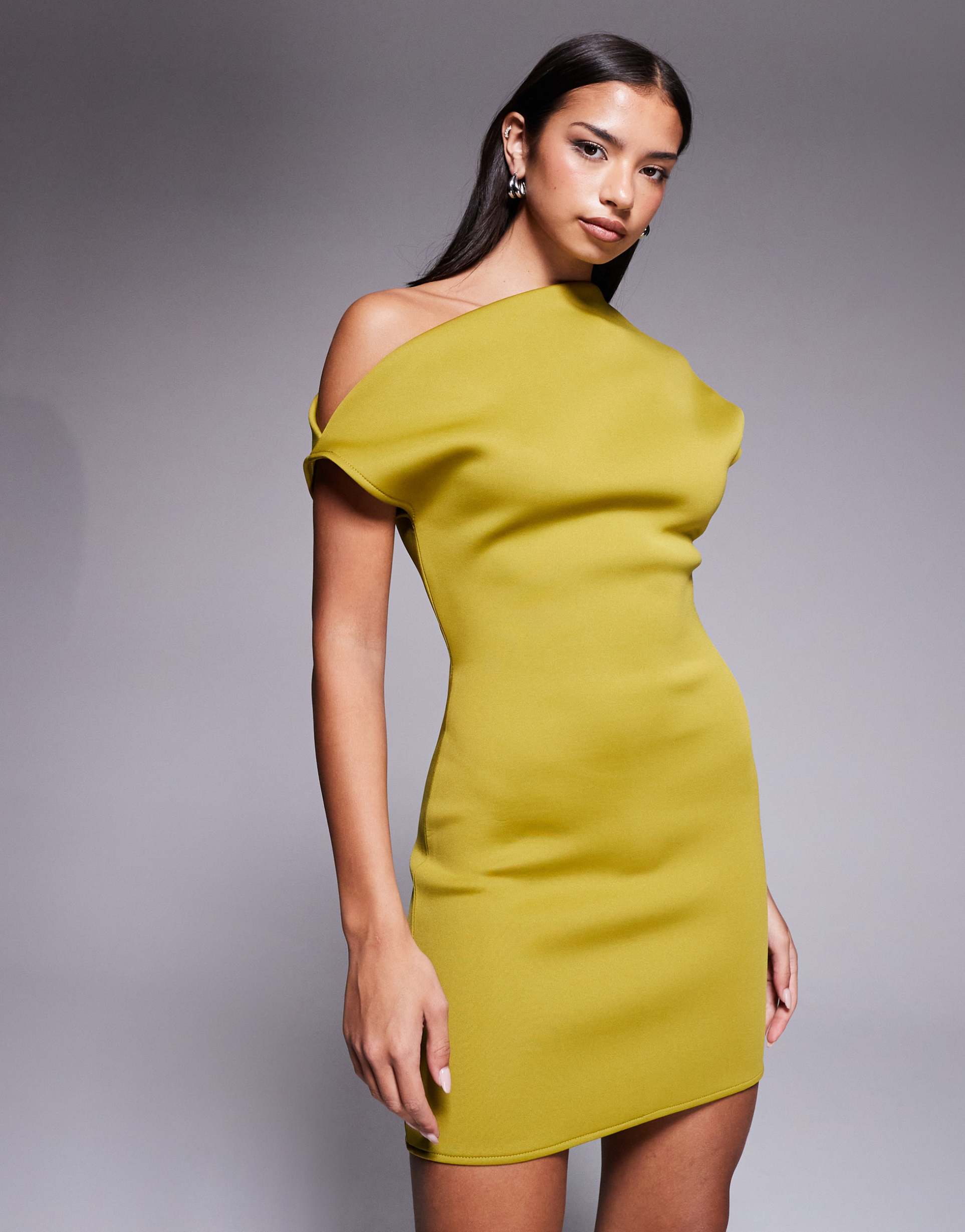 asos design structured fallen shoulder mini dress in chartreuse scuba-style fabric