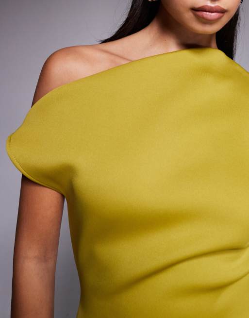 ASOS DESIGN structured fallen shoulder mini dress in chartreuse scuba-style fabric, 3 of 4