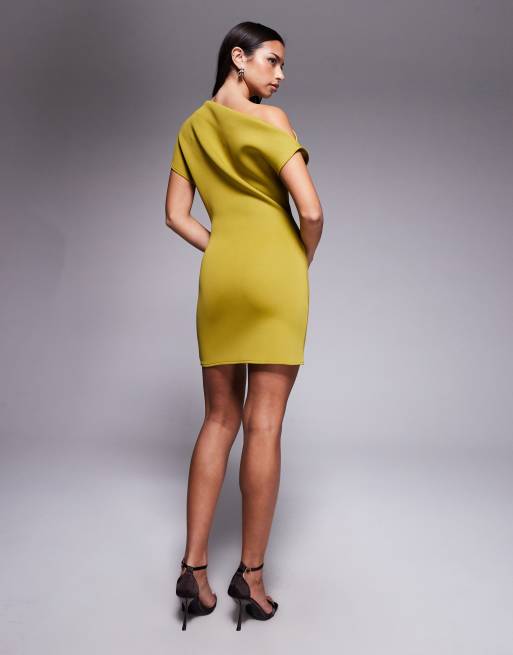 ASOS DESIGN structured fallen shoulder mini dress in chartreuse scuba-style fabric, 4 of 4