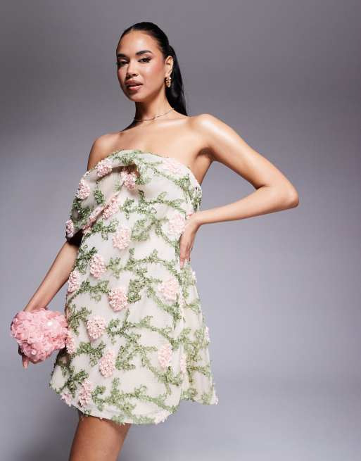 ASOS DESIGN structured floral texture mini dress with faux bardot in cream