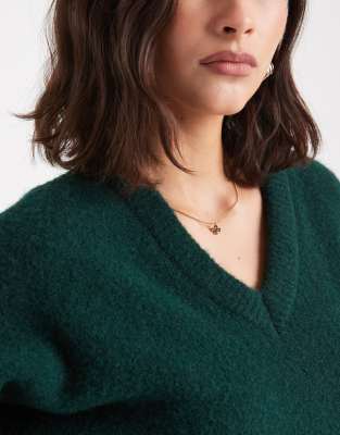 Asos Design Structured Fluffy V-neck Banana Sleeves Sweater-green In Green
