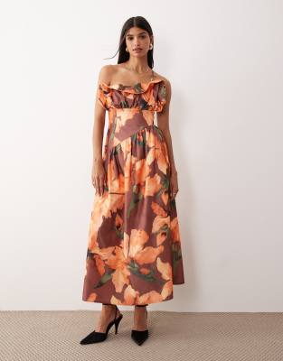 ASOS DESIGN ASOS DESIGN structured frill bust asymmetric midi dress in dark orange floral print-Multi