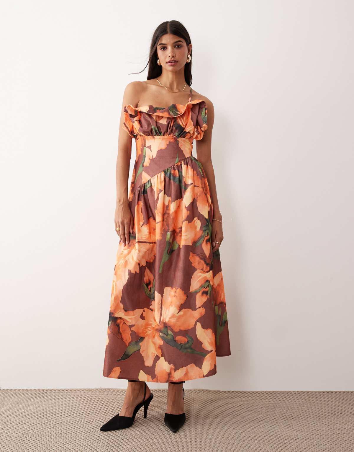 ASOS DESIGN structured frill bust asymmetric midi dress in dark orange floral print