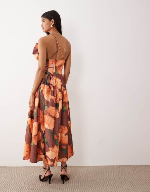 ASOS DESIGN structured frill bust asymmetric midi dress in dark orange floral print, 2 of 4
