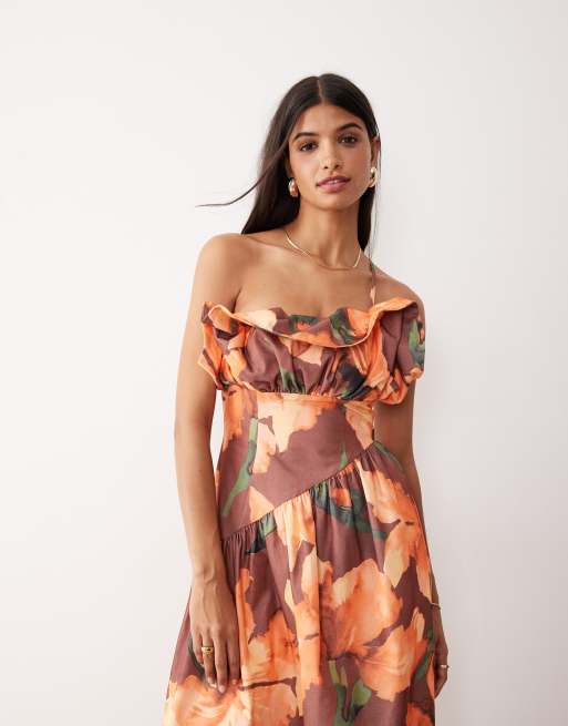ASOS DESIGN structured frill bust asymmetric midi dress in dark orange floral print, 3 of 4