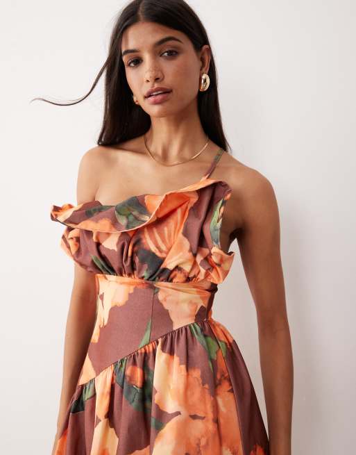 ASOS DESIGN structured frill bust asymmetric midi dress in dark orange floral print, 4 of 4