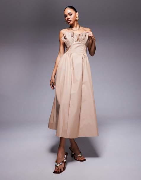 ASOS DESIGN structured frill bust midi dress in stone - view 1