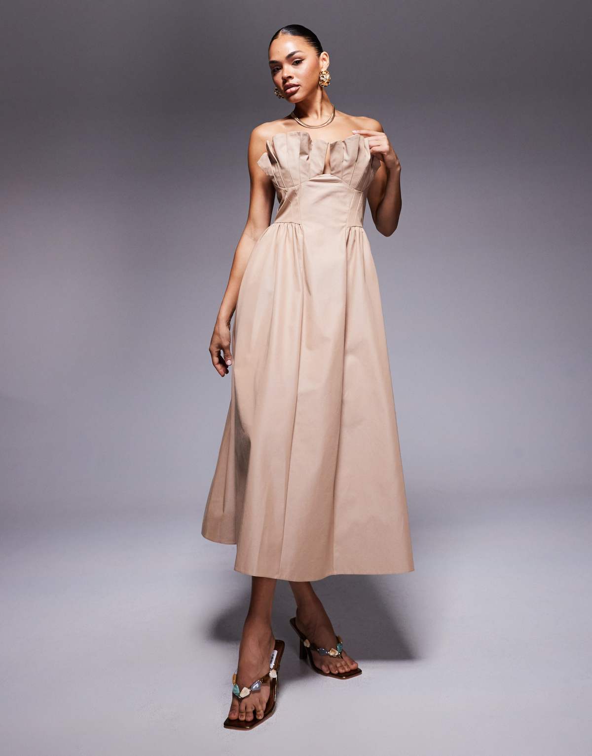ASOS DESIGN structured frill bust midi dress in stone