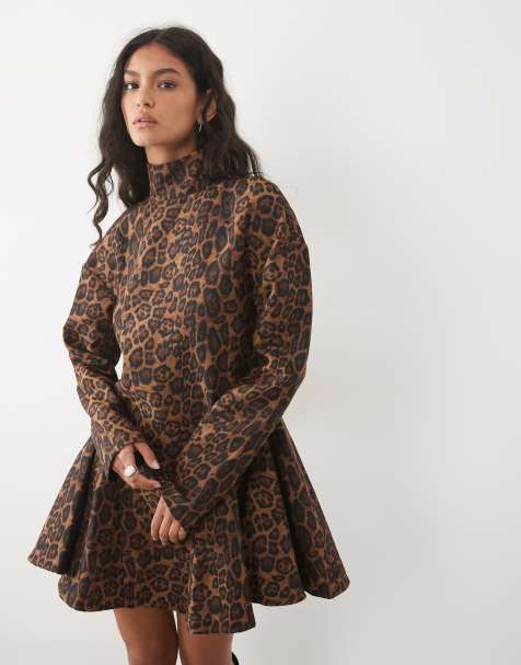 ASOS DESIGN structured funnel neck godet mini dress in leopard print - view 1