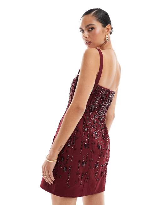 ASOS DESIGN structured gem embellished mini dress in oxblood