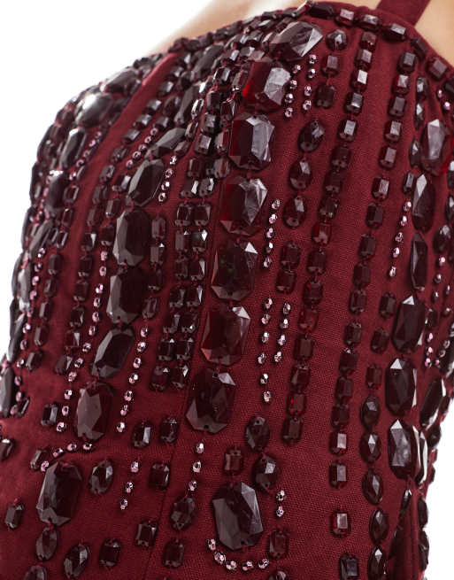 ASOS DESIGN structured gem embellished mini dress in oxblood