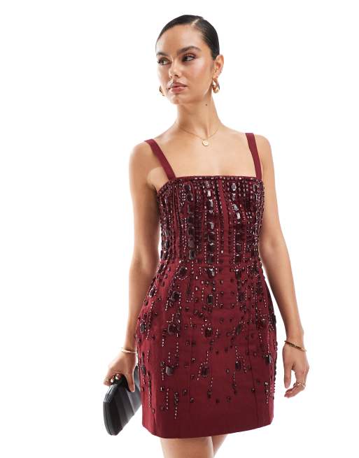 ASOS DESIGN structured gem embellished mini dress in oxblood