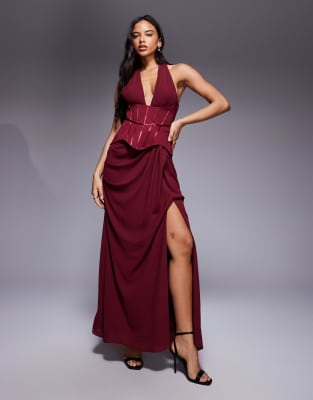 Asos Design Structured Halter Corset Detail Maxi Dress In Red