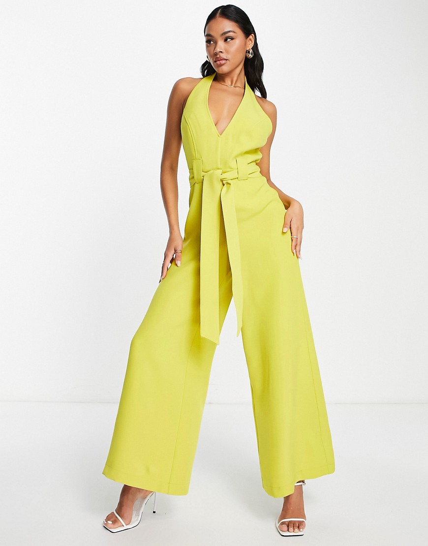 ASOS DESIGN structured halter jumpsuit with tie waist detail in chartreuse-Green